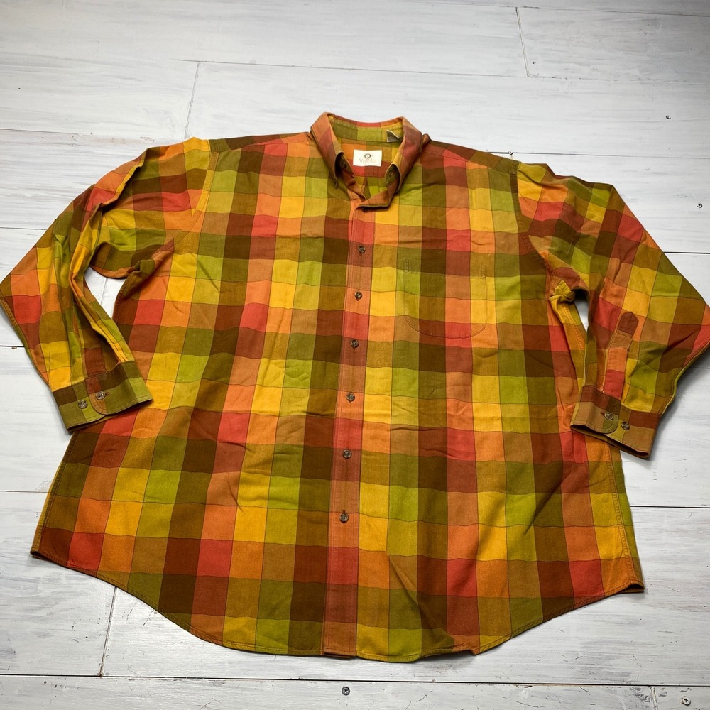 Viyella Shirt Mens XL Orange Yellow‎ Plaid Cotton Wool Blend Button Down Casual